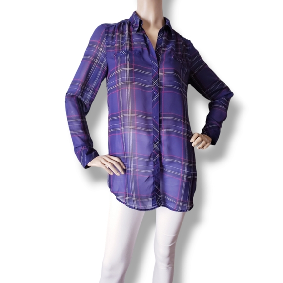 Guess Purple & Pink Plaid Print Chiffon Sheer Long Sleeve Blouse Size Small - Picture 8 of 8